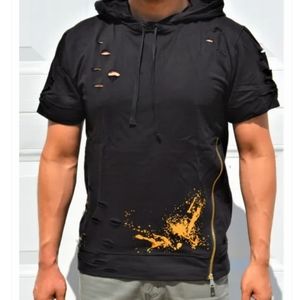 KROME MEN'S PAINT SPLATTER RIPPED HOODIE Black Lar